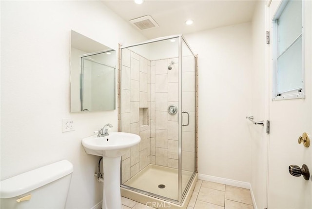 6432 Weber Cir, Huntington Beach, CA 92647 - full bathroom featuring toilet, visible vents, tile patterned flooring, a shower stall, and baseboards