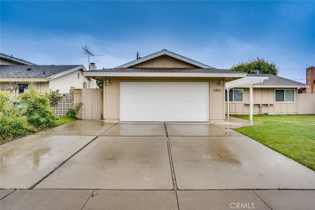 6432 Weber Cir, Huntington Beach, CA 92647 - ranch-style home with a front lawn, board and batten siding, driveway, and fence