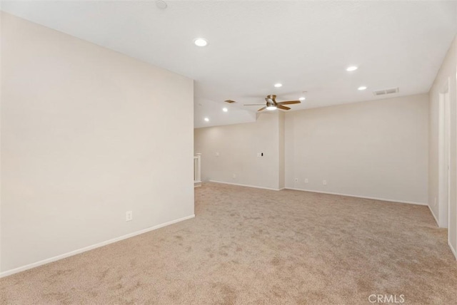 unfurnished room featuring light carpet, visible vents, recessed lighting, and ceiling fan