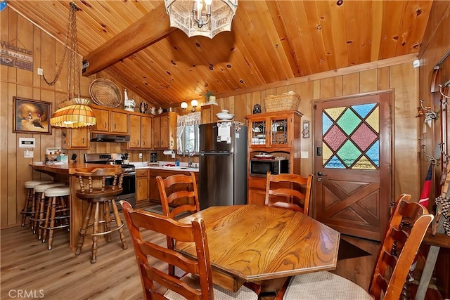 dining room featuring wooden walls, wood ceiling, light wood-style flooring, and vaulted ceiling with beams