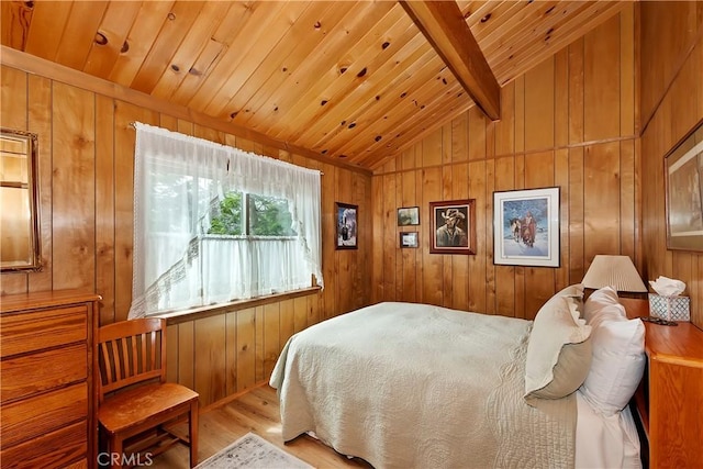 bedroom with lofted ceiling with beams, wood ceiling, wood finished floors, and wood walls