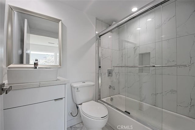 full bath with vanity, toilet, marble finish floor, and enclosed tub / shower combo