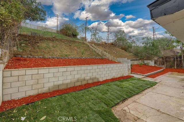 view of yard with stairs and fence