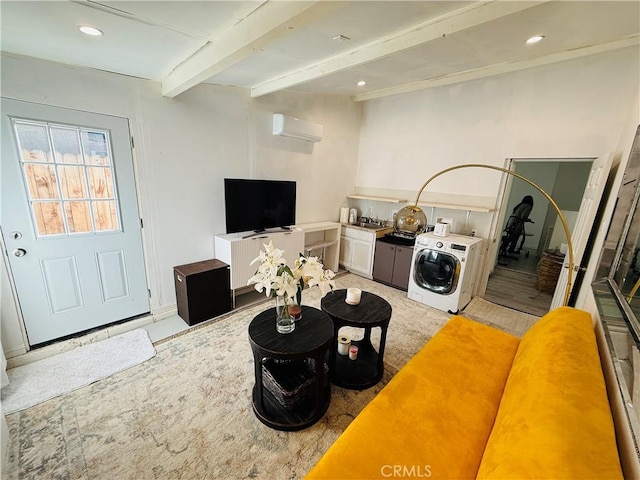 living room with recessed lighting, beamed ceiling, washer / dryer, and a wall mounted AC