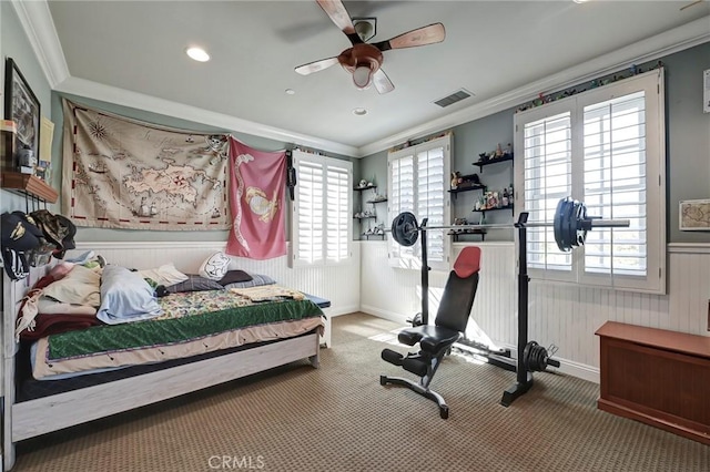 4 Andromeda Isle, Ladera Ranch, CA 92694 - carpeted bedroom with wainscoting, crown molding, recessed lighting, and ceiling fan