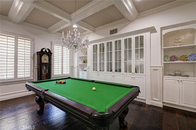 rec room with pool table, dark wood-style floors, a notable chandelier, and coffered ceiling