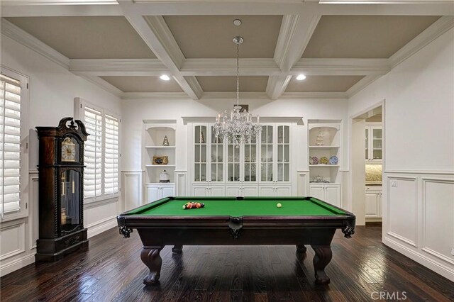 recreation room featuring billiards, built in features, and dark wood-style flooring