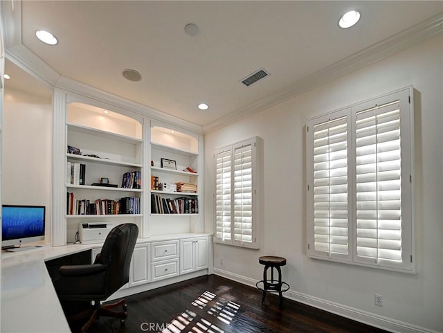 4 Andromeda Isle, Ladera Ranch, CA 92694 - office with dark wood-style floors, ornamental molding, and recessed lighting