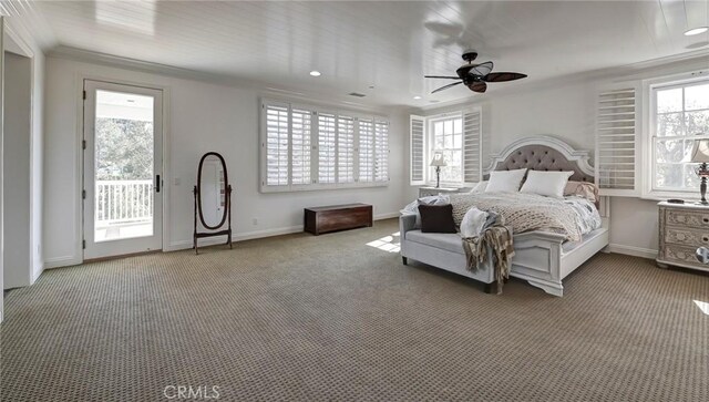4 Andromeda Isle, Ladera Ranch, CA 92694 - carpeted bedroom with access to exterior, multiple windows, baseboards, ceiling fan, and ornamental molding