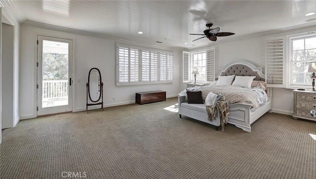 4 Andromeda Isle, Ladera Ranch, CA 92694 - bedroom with access to exterior, carpet, multiple windows, a ceiling fan, and ornamental molding