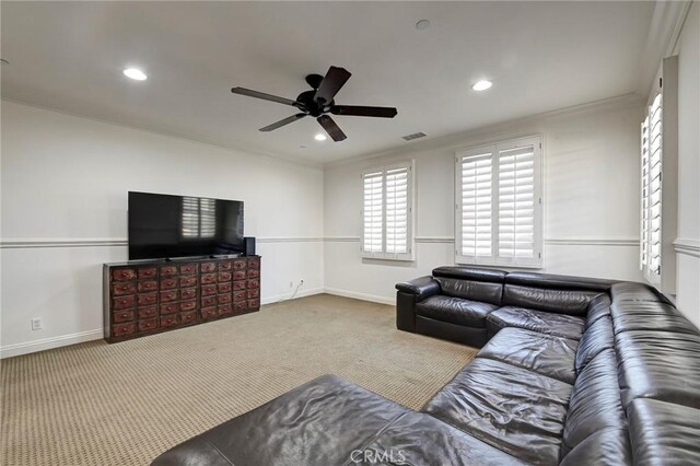 living area with baseboards, carpet flooring, recessed lighting, and ceiling fan