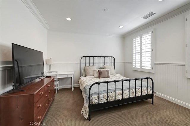 4 Andromeda Isle, Ladera Ranch, CA 92694 - bedroom with a wainscoted wall, crown molding, dark carpet, and recessed lighting