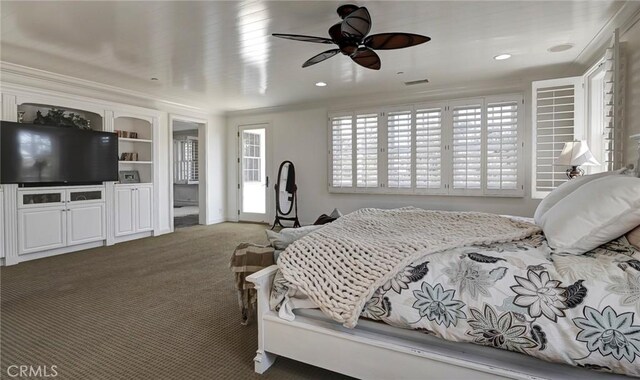 carpeted bedroom featuring recessed lighting, ceiling fan, visible vents, and ornamental molding