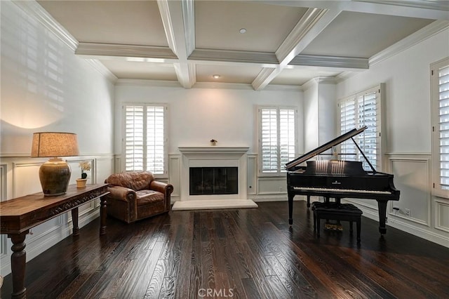 4 Andromeda Isle, Ladera Ranch, CA 92694 - living area with a decorative wall, hardwood / wood-style floors, healthy amount of natural light, beam ceiling, and coffered ceiling