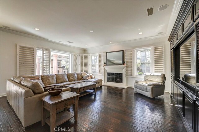living area featuring baseboards, ornamental molding, a glass covered fireplace, and visible vents