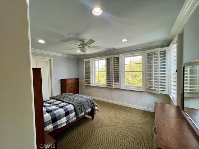4 Andromeda Isle, Ladera Ranch, CA 92694 - bedroom featuring carpet, recessed lighting, ornamental molding, a wainscoted wall, and a ceiling fan