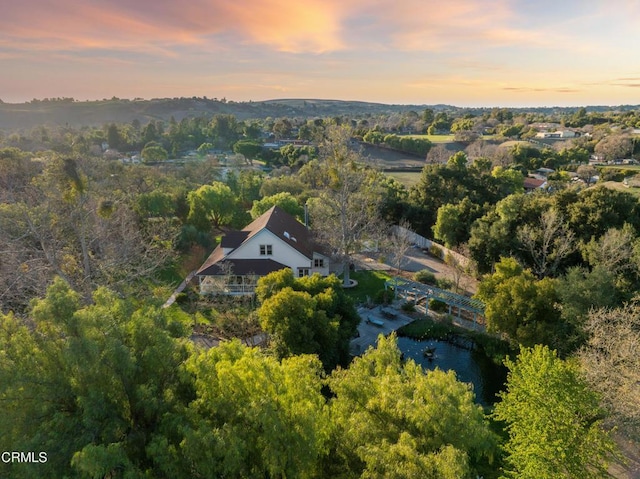 bird's eye view featuring a wooded view