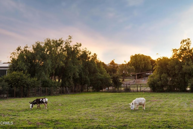 view of yard with a rural view and fence