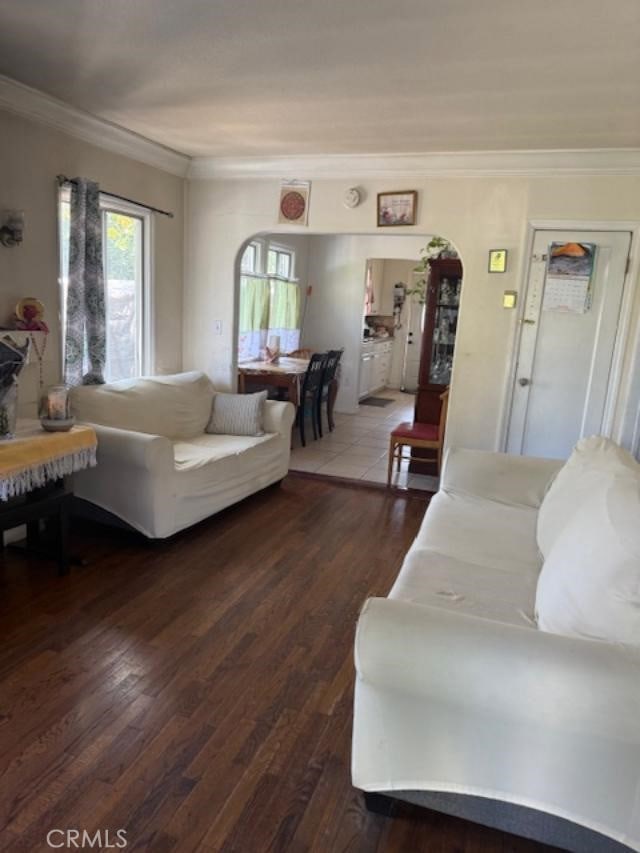 living room featuring wood finished floors, arched walkways, and crown molding