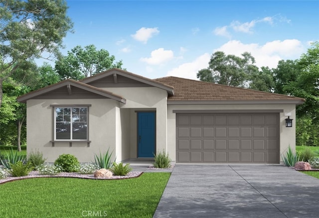 ranch-style home featuring stucco siding, driveway, a front yard, and a garage