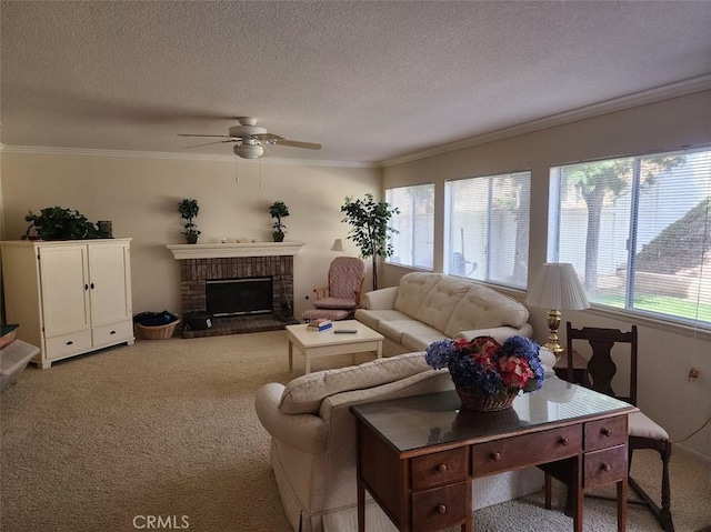 living room featuring carpet flooring, a textured ceiling, ceiling fan, and ornamental molding