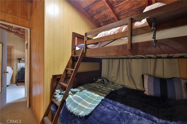 23679 Hillside Dr, Crestline, CA 92325 - carpeted bedroom with wood walls and wooden ceiling