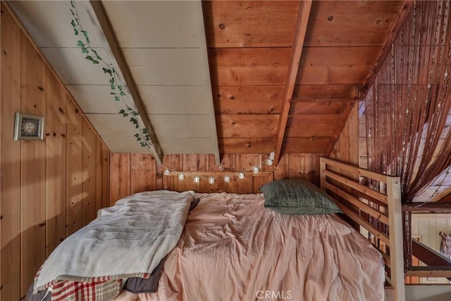 23679 Hillside Dr, Crestline, CA 92325 - bedroom with wooden walls, wood ceiling, and lofted ceiling