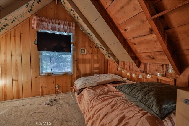 23679 Hillside Dr, Crestline, CA 92325 - unfurnished bedroom featuring wood walls, carpet, wood ceiling, and lofted ceiling with beams