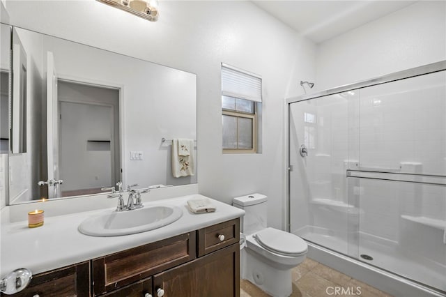 full bath with a stall shower, toilet, and vanity