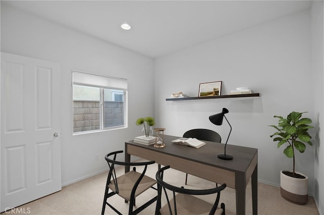 office featuring baseboards, recessed lighting, and light colored carpet
