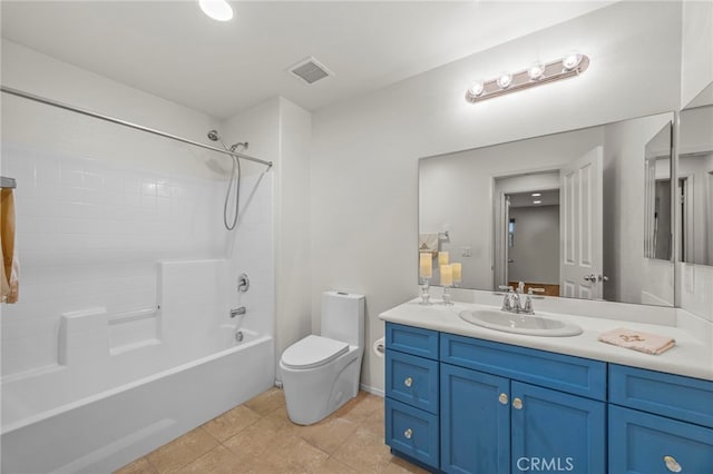 full bath with bathtub / shower combination, tile patterned floors, toilet, vanity, and visible vents