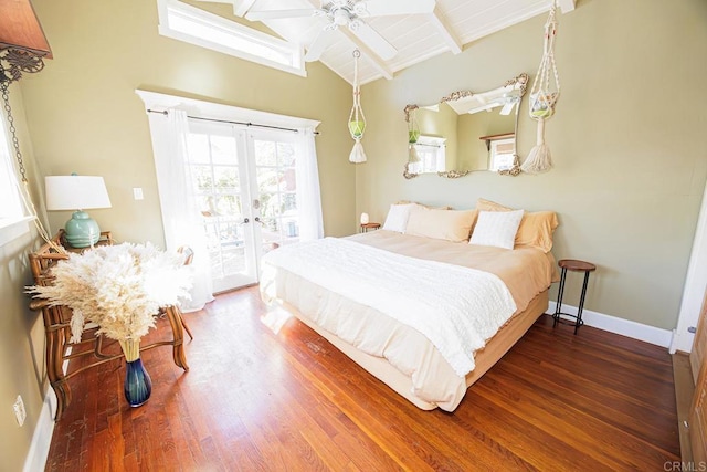 bedroom featuring wood finished floors, baseboards, lofted ceiling with beams, access to exterior, and french doors