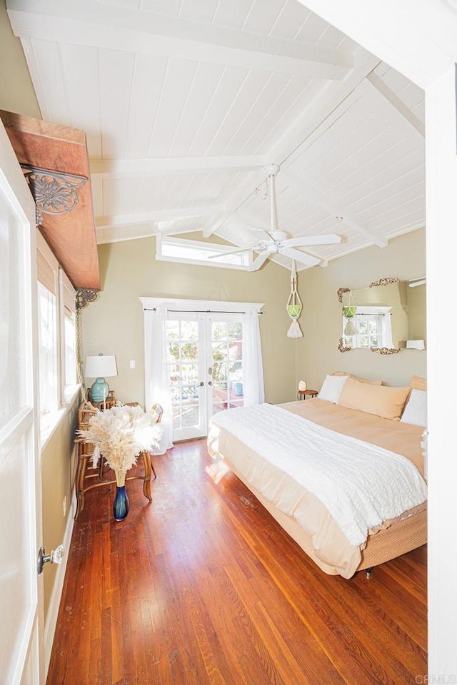 bedroom with access to outside, hardwood / wood-style floors, french doors, baseboards, and vaulted ceiling with beams