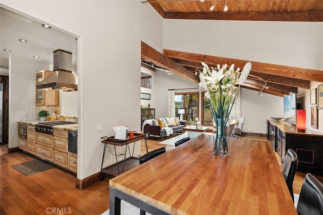 dining area featuring recessed lighting, baseboards, wooden ceiling, and wood finished floors