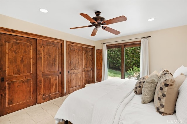 bedroom featuring recessed lighting, two closets, a ceiling fan, light tile patterned flooring, and access to exterior