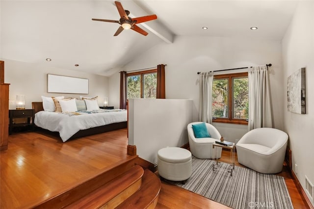 bedroom with lofted ceiling with beams, visible vents, recessed lighting, a ceiling fan, and wood finished floors