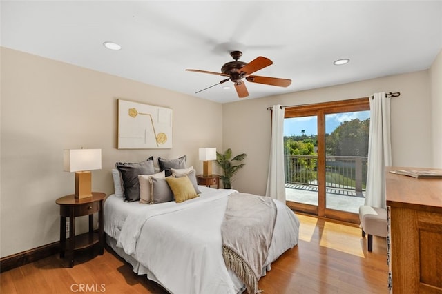 bedroom featuring recessed lighting, a ceiling fan, access to outside, and light wood-style floors