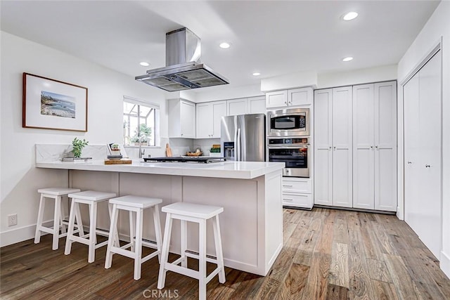 kitchen featuring light wood finished floors, a peninsula, stainless steel appliances, a kitchen breakfast bar, and island range hood