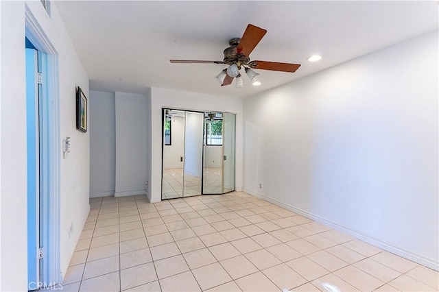 unfurnished room featuring recessed lighting, a ceiling fan, visible vents, and light tile patterned floors