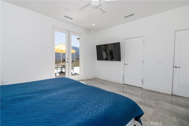 bedroom featuring access to outside, french doors, visible vents, and baseboards