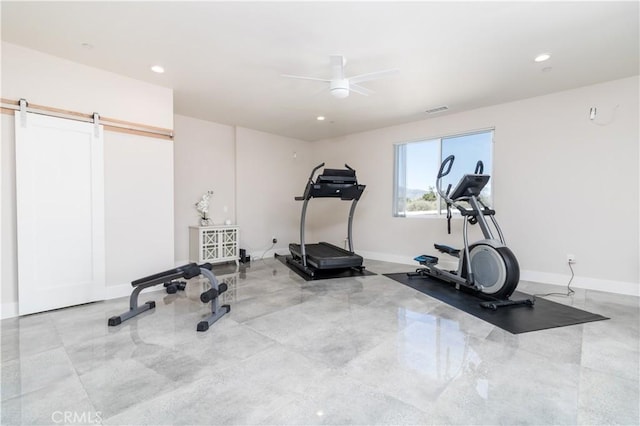 workout area featuring recessed lighting, baseboards, and ceiling fan