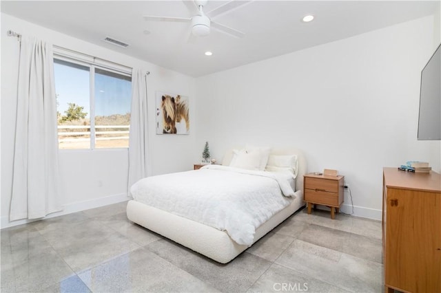 bedroom featuring visible vents, recessed lighting, baseboards, and ceiling fan