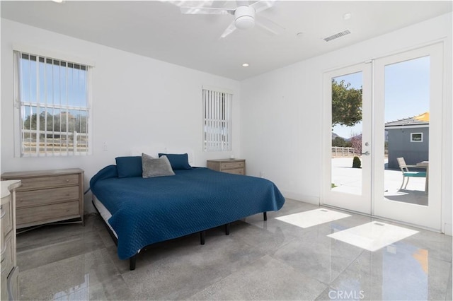 bedroom featuring visible vents, ceiling fan, recessed lighting, french doors, and access to outside