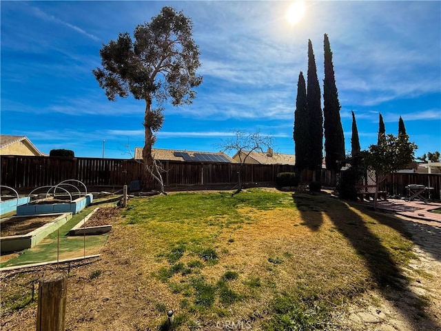 view of yard with a vegetable garden and a fenced backyard