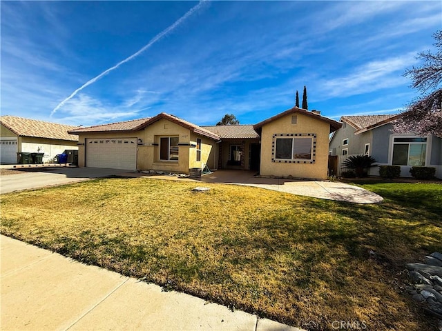 ranch-style house featuring a tile roof, concrete driveway, a front yard, and stucco siding