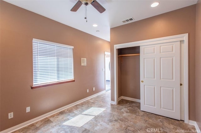 unfurnished bedroom featuring recessed lighting, visible vents, baseboards, and a closet