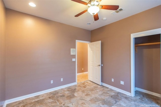 unfurnished bedroom featuring visible vents, recessed lighting, a closet, baseboards, and ceiling fan