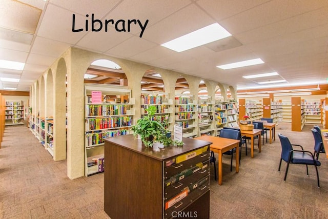 carpeted office featuring bookshelves and a drop ceiling