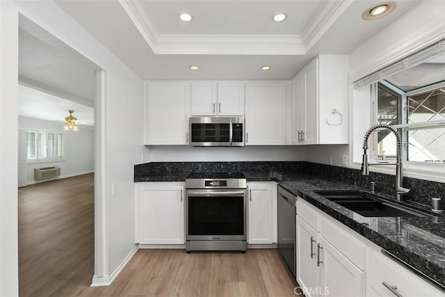 kitchen with crown molding, a sink, appliances with stainless steel finishes, a raised ceiling, and light wood finished floors