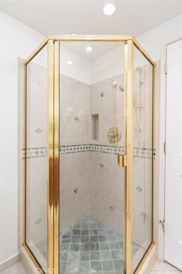 bathroom featuring a shower stall, recessed lighting, and tile patterned floors